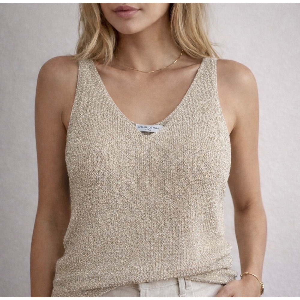 Metallic Knit Tank Top Gold Sparkle Sleeveless, V Neck Italy Closet Staple Luex